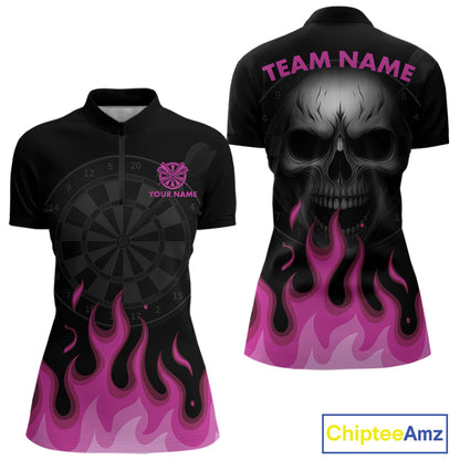 Custom Pink Flames Skull Dartboard 1/4-Zip Darts Shirt For Women Outfit Dart Team Jersey NYN0996