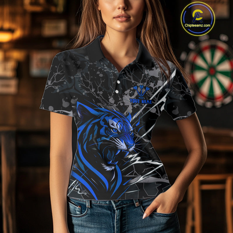 Women's Polo Dart Shirt Blue Fierce Tiger Dartboard Personalized Darts Jerseys Outfits NYN1016