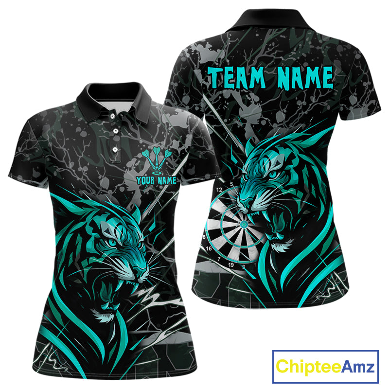 Women's Dart Polo Team Shirt Fierce Tiger Dartboard - Personalized Darts Team | Turquoise NYN1017