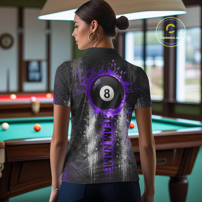White And Purple Splatter 8 Ball Billiard Shirt For Women Custom Splash Pool Team Billiard Jerseys NYN4064