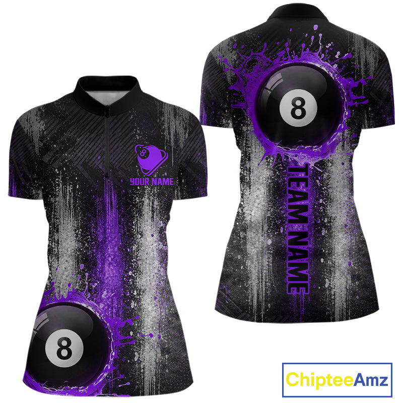 White And Purple Splatter 8 Ball Billiard Shirt For Women Custom Splash Pool Team Billiard Jerseys NYN4064