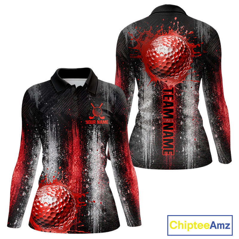 White And Red Splatter Golf Ball Polo Shirts For Women Custom Splash Golf Team Jersey, Golf Gifts NYN4065