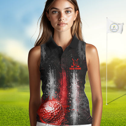 White And Red Splatter Golf Ball Sleeveless Polo Shirts For Women Custom Splash Golf Team Jersey, Golf Gifts NYN4065