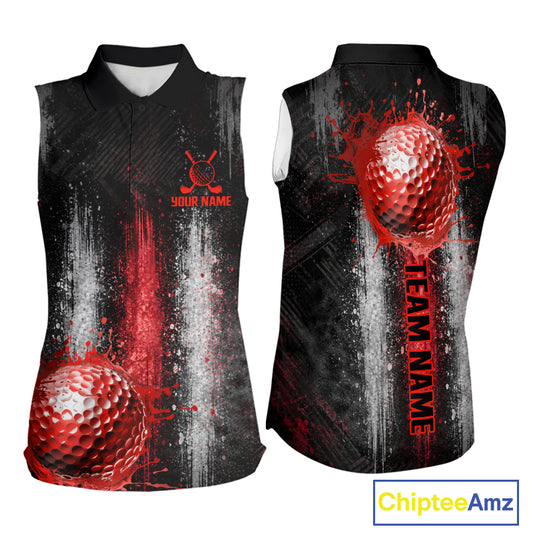 White And Red Splatter Golf Ball Sleeveless Polo Shirts For Women Custom Splash Golf Team Jersey, Golf Gifts NYN4065