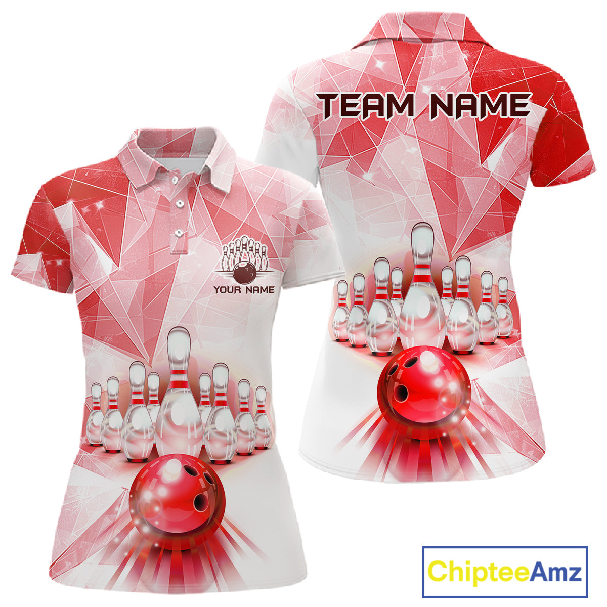 Red And White Bowling Ball And Pins Bowling Shirts For Women Custom Team Bowling League Jerseys NYN4411