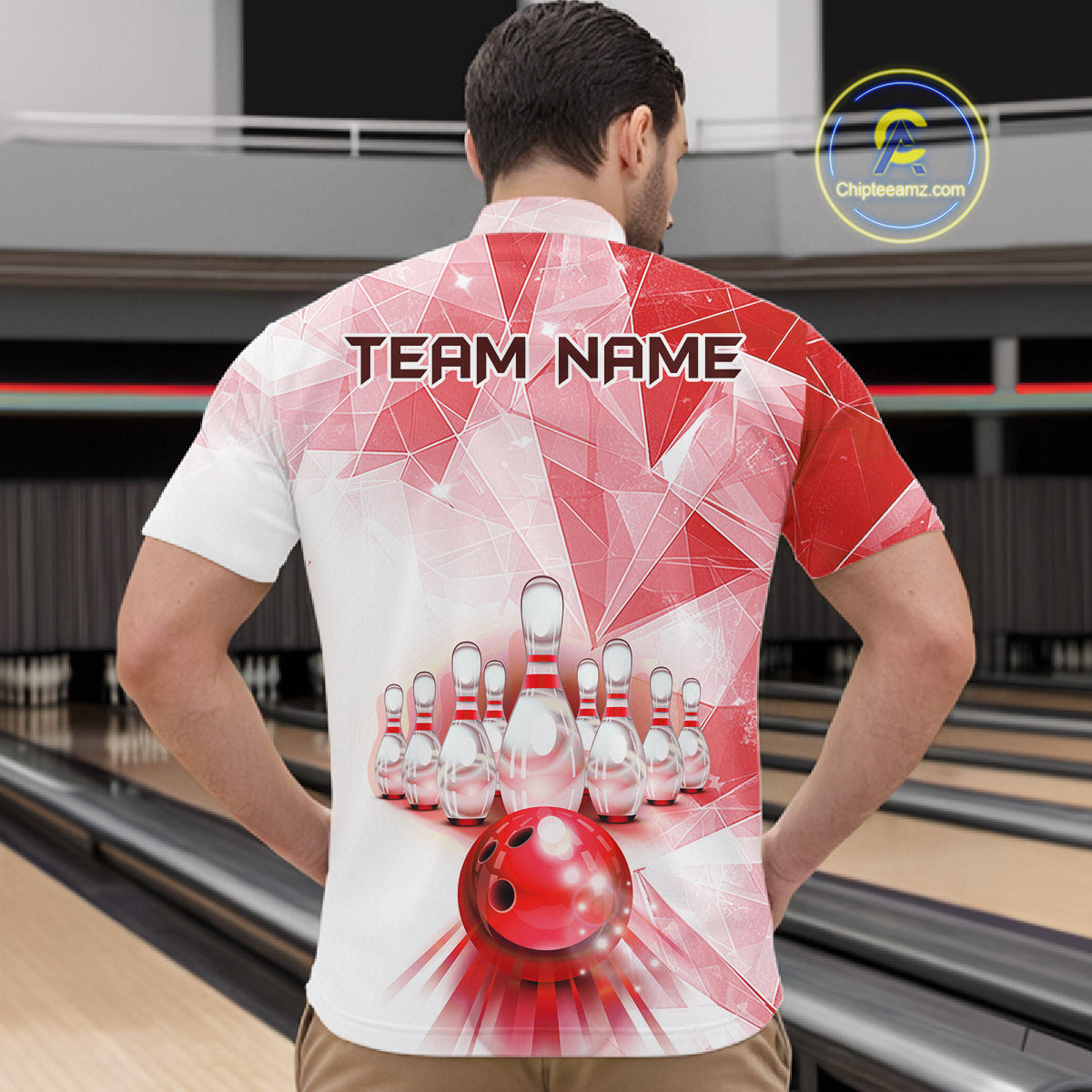 Red And White Bowling Ball And Pins Bowling Shirts For Men Custom Team Bowling League Jerseys NYN4411