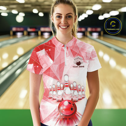 Red And White Bowling Ball And Pins Bowling Shirts For Women Custom Team Bowling League Jerseys NYN4411