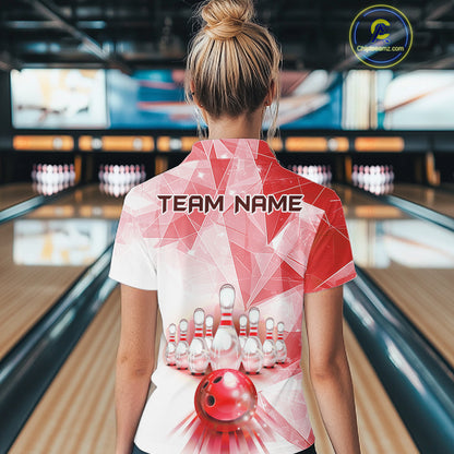 Red And White Bowling Ball And Pins Bowling Shirts For Women Custom Team Bowling League Jerseys NYN4411
