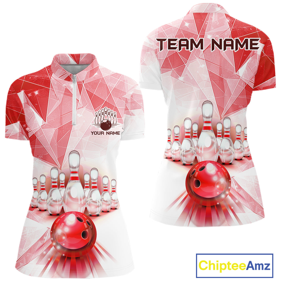 Red And White Bowling Ball And Pins Bowling Shirts For Women Custom Team Bowling League Jerseys NYN4411