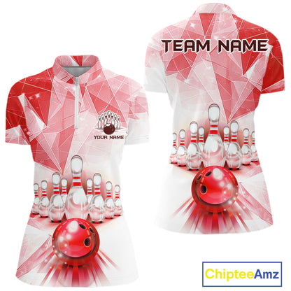 Red And White Bowling Ball And Pins Bowling Shirts For Women Custom Team Bowling League Jerseys NYN4411