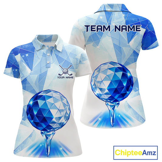 Crystal Golf Polo Shirt For Women Custom Geometric Diamond Blue Golf Ball Golf Team Shirt NYN4412