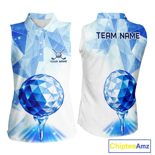 Crystal Golf Sleeveless Polo Shirt For Women Custom Geometric Diamond Blue Golf Ball Golf Team Shirt NYN4412