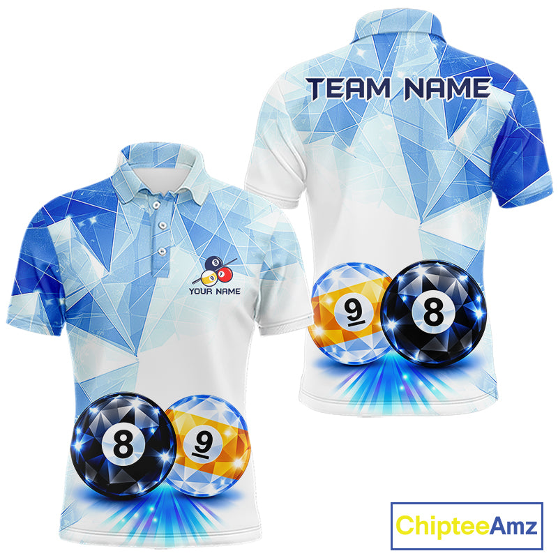 Crystal 8 Ball 9 Ball Pool Jersey For Men Custom Geometric Diamond Blue Billiard Polo 1/4-Zip Shirt NYN4413