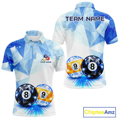 Crystal 8 Ball 9 Ball Pool Jersey For Men Custom Geometric Diamond Blue Billiard Polo 1/4-Zip Shirt NYN4413