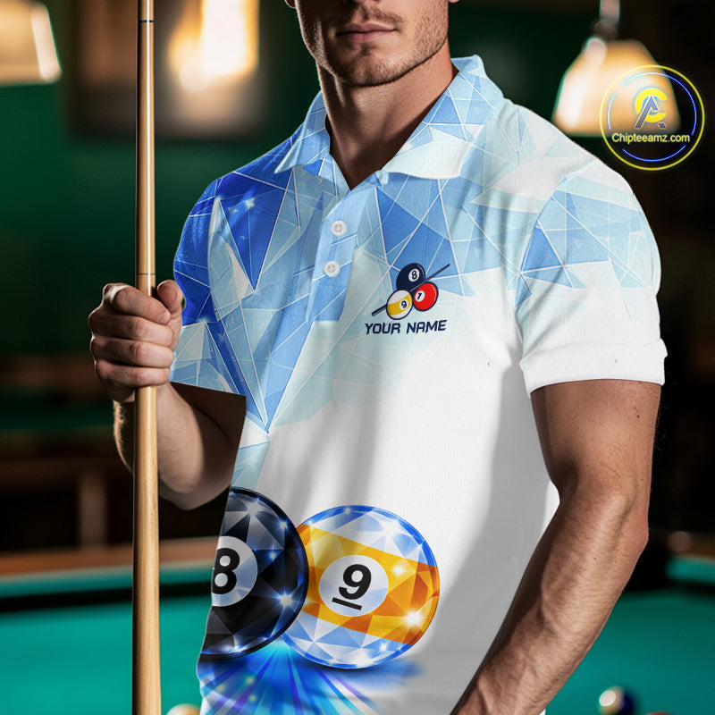 Crystal 8 Ball 9 Ball Pool Jersey For Men Custom Geometric Diamond Blue Billiard Polo 1/4-Zip Shirt NYN4413