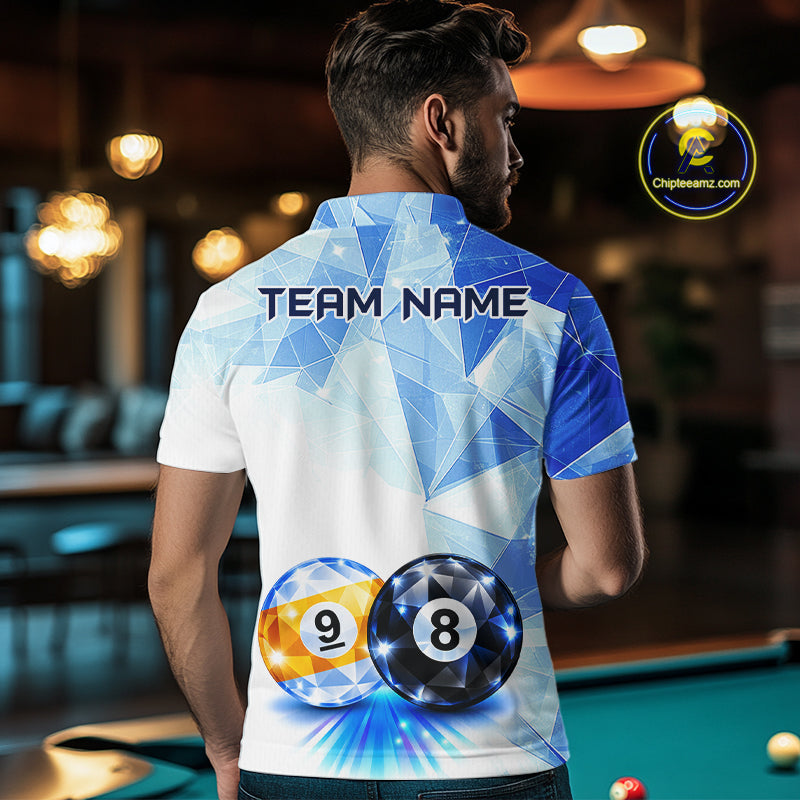 Crystal 8 Ball 9 Ball Pool Jersey For Men Custom Geometric Diamond Blue Billiard Polo 1/4-Zip Shirt NYN4413