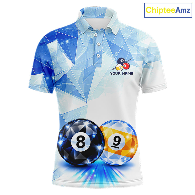Crystal 8 Ball 9 Ball Pool Jersey For Men Custom Geometric Diamond Blue Billiard Polo 1/4-Zip Shirt NYN4413