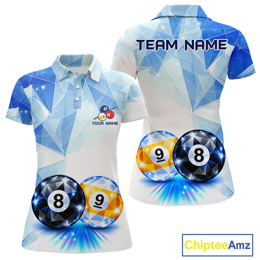Crystal 8 Ball 9 Ball Pool Jersey For Women Custom Geometric Diamond Blue Billiard Polo 1/4-Zip Shirt NYN4413