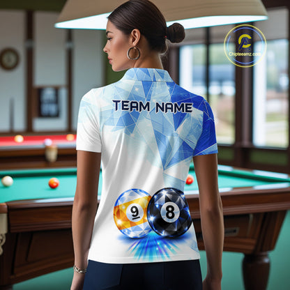 Crystal 8 Ball 9 Ball Pool Jersey For Women Custom Geometric Diamond Blue Billiard Polo 1/4-Zip Shirt NYN4413