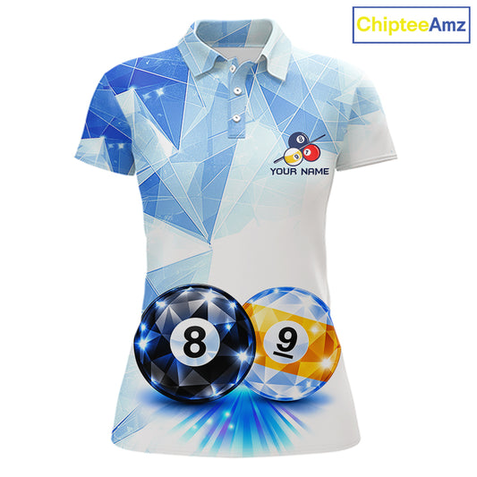 Crystal 8 Ball 9 Ball Pool Jersey For Women Custom Geometric Diamond Blue Billiard Polo 1/4-Zip Shirt NYN4413