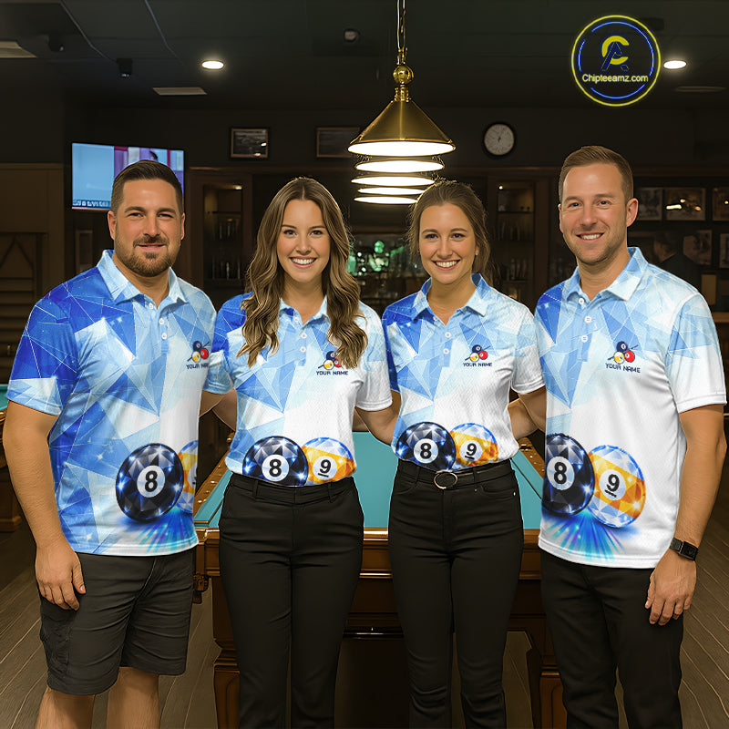 Crystal 8 Ball 9 Ball Pool Jersey For Men Custom Geometric Diamond Blue Billiard Polo 1/4-Zip Shirt NYN4413