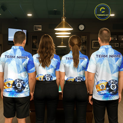Crystal 8 Ball 9 Ball Pool Jersey For Men Custom Geometric Diamond Blue Billiard Polo 1/4-Zip Shirt NYN4413
