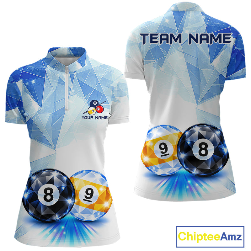Crystal 8 Ball 9 Ball Pool Jersey For Women Custom Geometric Diamond Blue Billiard Polo 1/4-Zip Shirt NYN4413