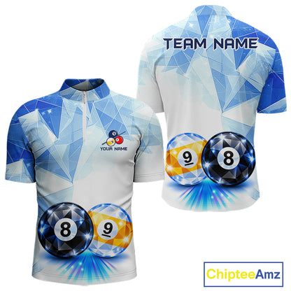 Crystal 8 Ball 9 Ball Pool Jersey For Men Custom Geometric Diamond Blue Billiard Polo 1/4-Zip Shirt NYN4413