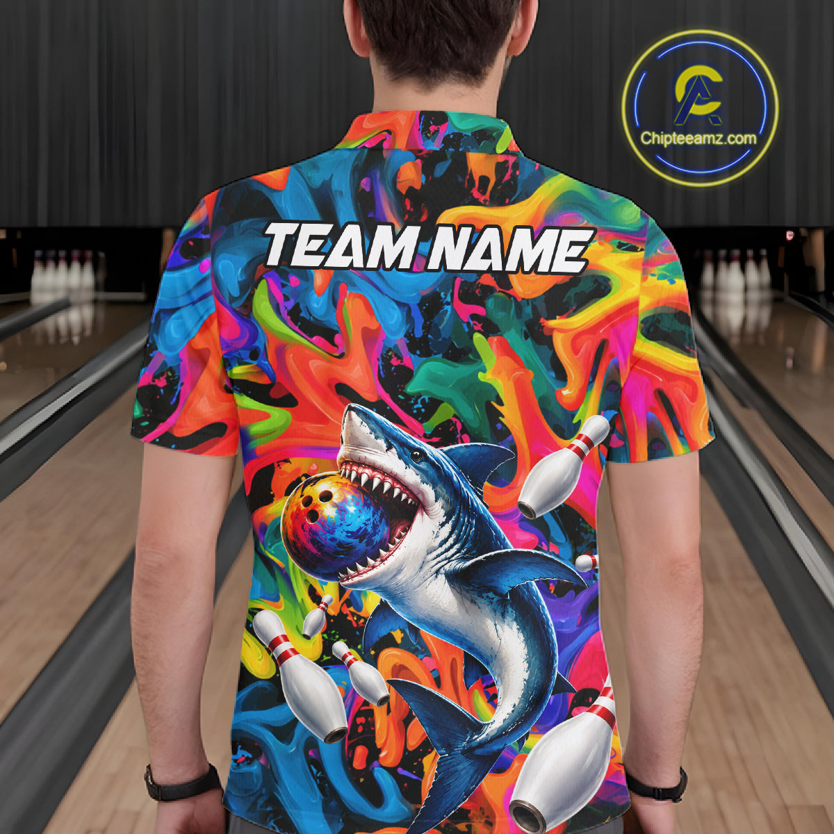 Custom Colorful Cool Shark Bowling Team Shirt For Men Personalized Splash Bowling Polo 1/4-Zip Shirt NYN4415