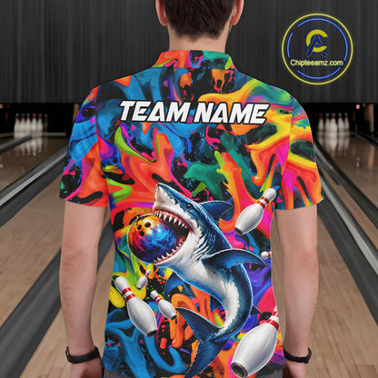 Custom Colorful Cool Shark Bowling Team Shirt For Men Personalized Splash Bowling Polo 1/4-Zip Shirt NYN4415