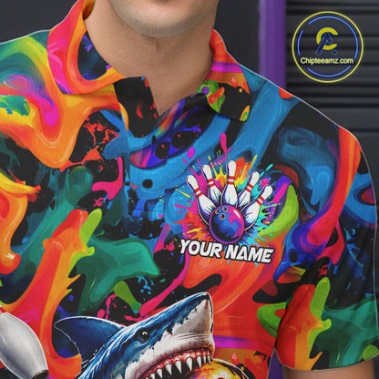 Custom Colorful Cool Shark Bowling Team Shirt For Men Personalized Splash Bowling Polo 1/4-Zip Shirt NYN4415