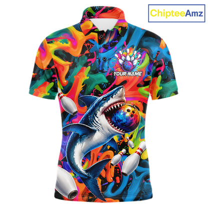 Custom Colorful Cool Shark Bowling Team Shirt For Men Personalized Splash Bowling Polo 1/4-Zip Shirt NYN4415