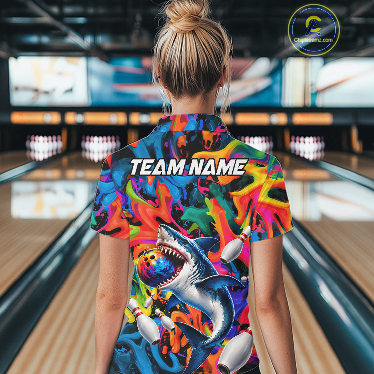 Custom Colorful Cool Shark Bowling Team Shirt For Women Personalized Splash Bowling Polo 1/4-Zip Shirt NYN4415