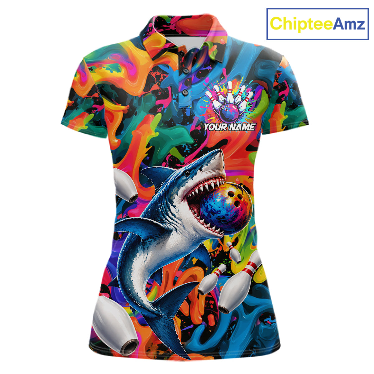 Custom Colorful Cool Shark Bowling Team Shirt For Women Personalized Splash Bowling Polo 1/4-Zip Shirt NYN4415