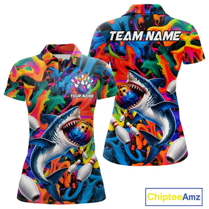 Custom Colorful Cool Shark Bowling Team Shirt For Women Personalized Splash Bowling Polo 1/4-Zip Shirt NYN4415
