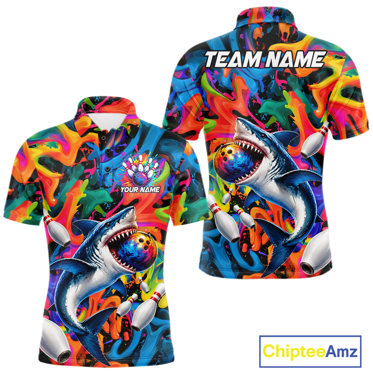 Custom Colorful Cool Shark Bowling Team Shirt For Men Personalized Splash Bowling Polo 1/4-Zip Shirt NYN4415