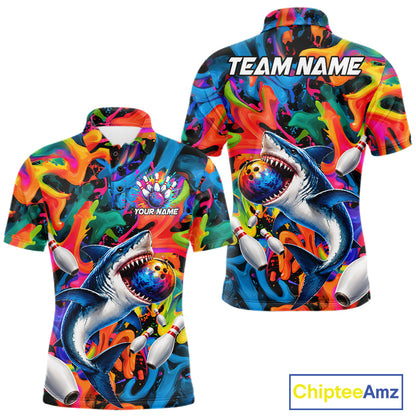 Custom Colorful Cool Shark Bowling Team Shirt For Men Personalized Splash Bowling Polo 1/4-Zip Shirt NYN4415