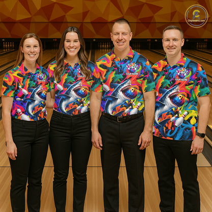 Custom Colorful Cool Shark Bowling Team Shirt For Men Personalized Splash Bowling Polo 1/4-Zip Shirt NYN4415
