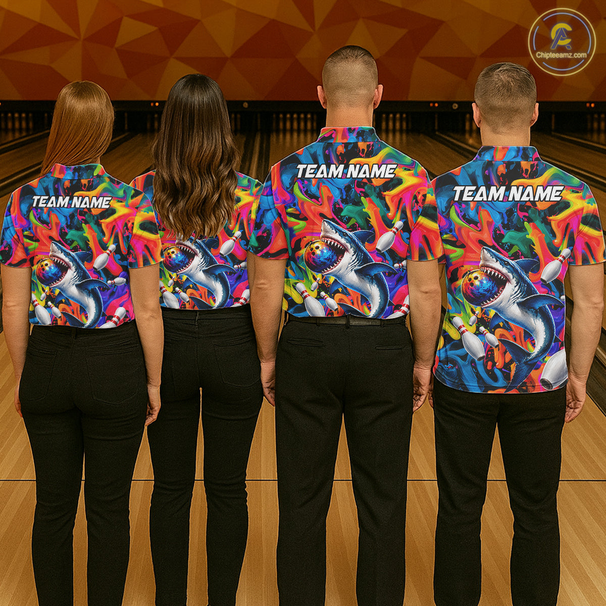 Custom Colorful Cool Shark Bowling Team Shirt For Men Personalized Splash Bowling Polo 1/4-Zip Shirt NYN4415