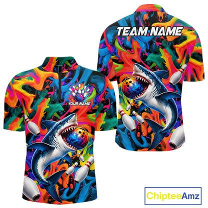 Custom Colorful Cool Shark Bowling Team Shirt For Men Personalized Splash Bowling Polo 1/4-Zip Shirt NYN4415