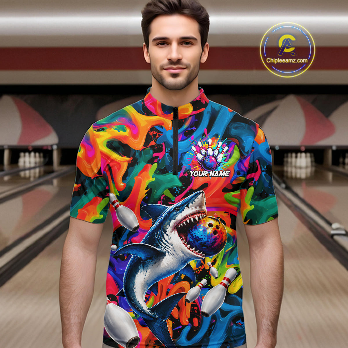 Custom Colorful Cool Shark Bowling Team Shirt For Men Personalized Splash Bowling Polo 1/4-Zip Shirt NYN4415