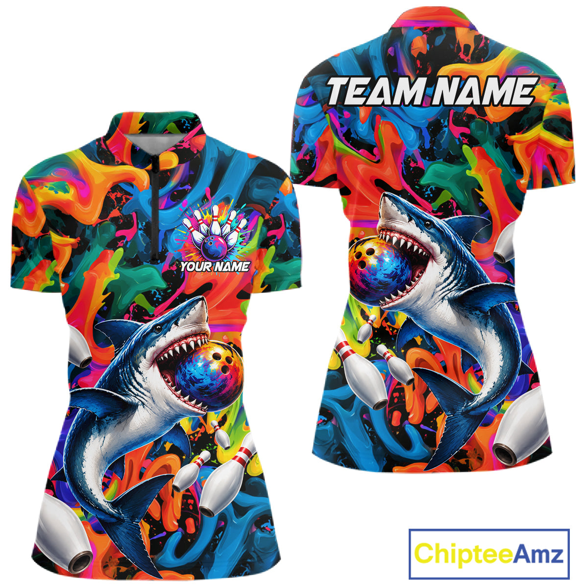 Custom Colorful Cool Shark Bowling Team Shirt For Women Personalized Splash Bowling Polo 1/4-Zip Shirt NYN4415