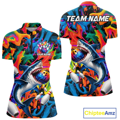 Custom Colorful Cool Shark Bowling Team Shirt For Women Personalized Splash Bowling Polo 1/4-Zip Shirt NYN4415