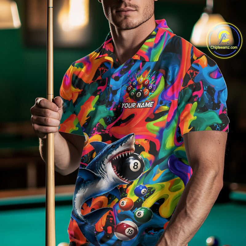 Custom Colorful Shark 8 Ball Pool Team Shirt For Men Personalized Splash Billiard Polo 1/4-Zip Jersey NYN4416
