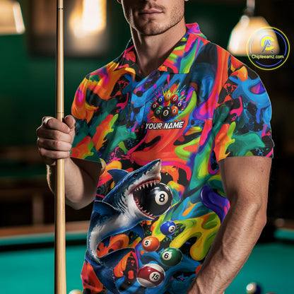 Custom Colorful Shark 8 Ball Pool Team Shirt For Men Personalized Splash Billiard Polo 1/4-Zip Jersey NYN4416