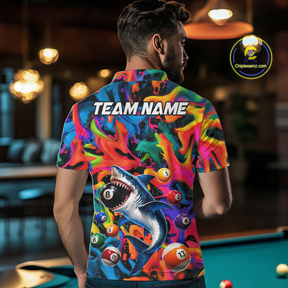 Custom Colorful Shark 8 Ball Pool Team Shirt For Men Personalized Splash Billiard Polo 1/4-Zip Jersey NYN4416