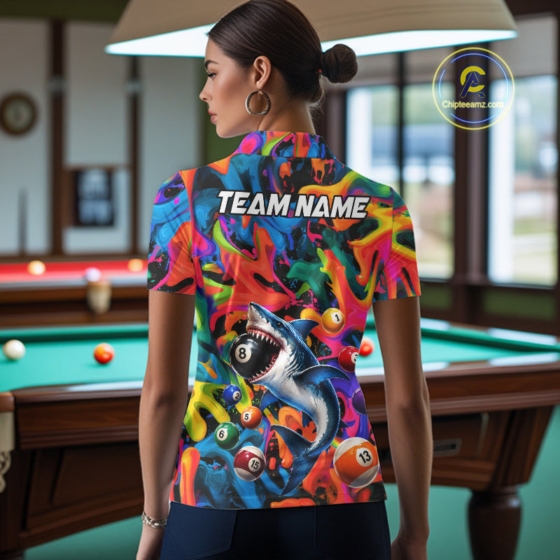 Custom Colorful Shark 8 Ball Pool Team Shirt For Women Personalized Splash Billiard Polo 1/4-Zip Jersey NYN4416