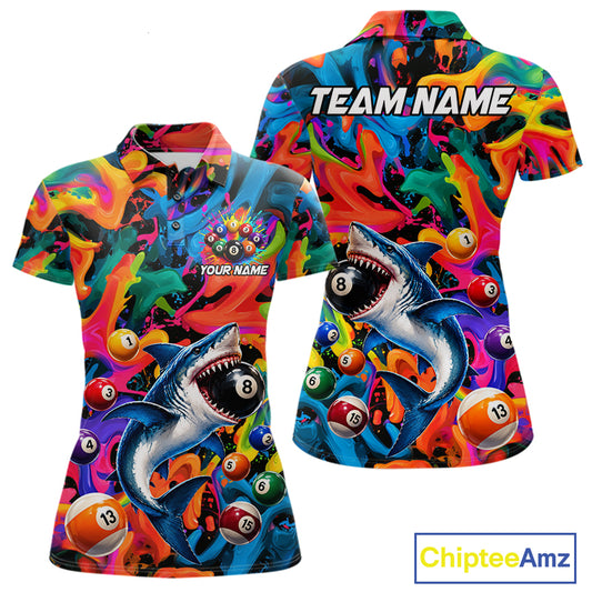 Custom Colorful Shark 8 Ball Pool Team Shirt For Women Personalized Splash Billiard Polo 1/4-Zip Jersey NYN4416