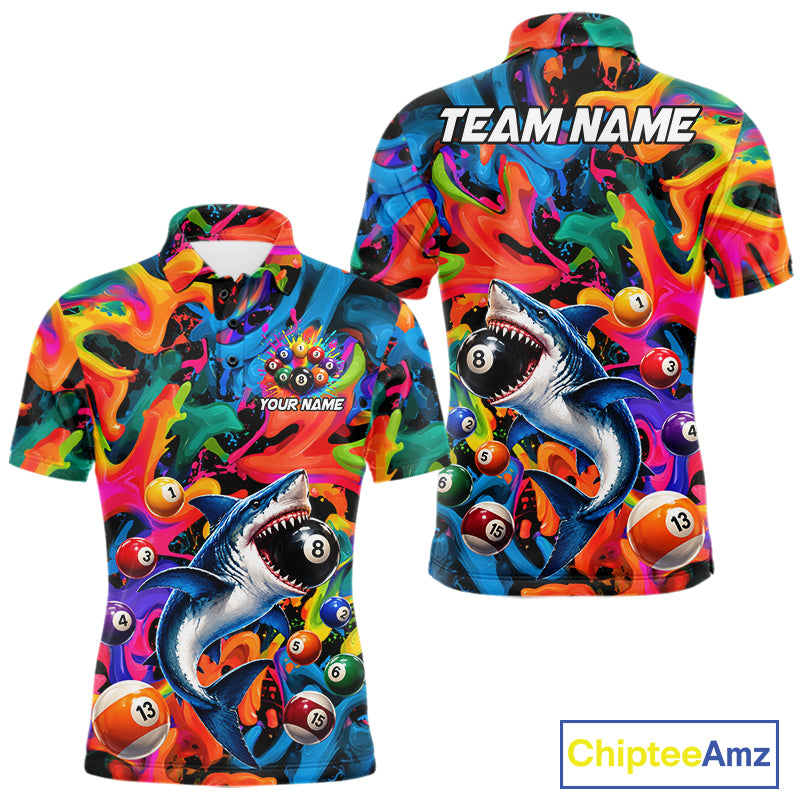 Custom Colorful Shark 8 Ball Pool Team Shirt For Men Personalized Splash Billiard Polo 1/4-Zip Jersey NYN4416