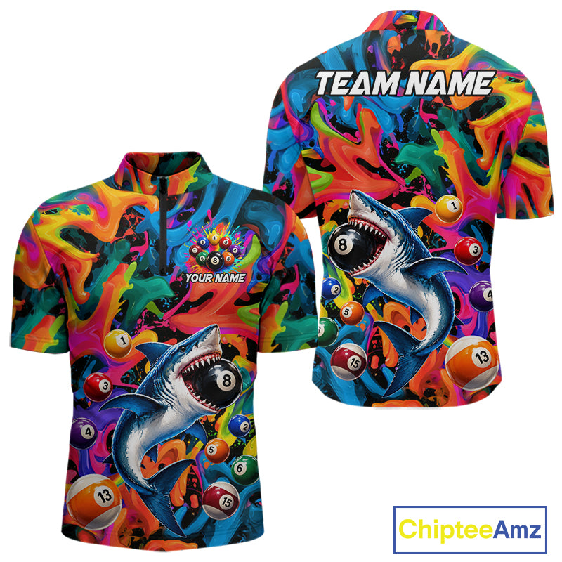 Custom Colorful Shark 8 Ball Pool Team Shirt For Men Personalized Splash Billiard Polo 1/4-Zip Jersey NYN4416